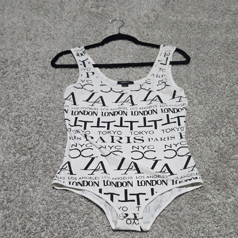 Forever 21 White and Black Graphic City Print Tank Bodysuit